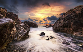Nature, Water, Stones, Sky, Sea, Clouds, Lumen, Rocks, Flow, Stream, Opening HD wallpaper