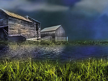 CABIN BY THE LAKE, cloudy, lakeside, cabin, evening HD wallpaper
