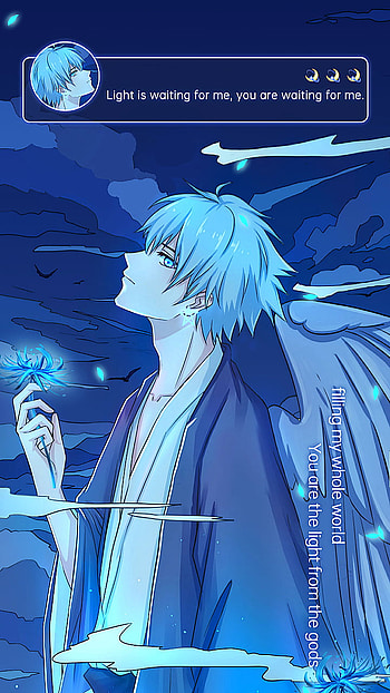 Anime boy, blue, star, light, wings, angel, clouds, petals, flower HD phone wallpaper