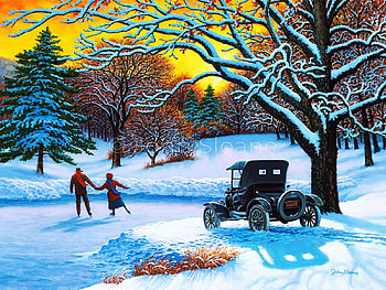 A Date to Skate, winter, painting, snow, car, trees, pair, sunset, ice HD wallpaper