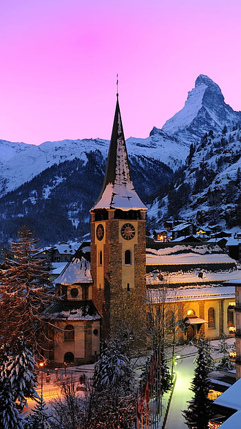 Winter in Switzerland Town, night, snow, winter, mountain, Switzerland, house, man made, town, winter night, Snowy Mountain, night snow HD phone wallpaper