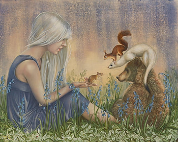 Wild friends, blue, urs, bluebell, wild, veverita, kari lise alexander, bear, painting, flower, ear, vara, art, girl, summer, mouse, luminos, friend, squirrel HD wallpaper