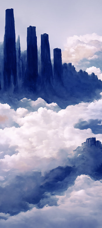 Ancient ruins above in the sky above the clouds, blue, minimalist, colorful, cloud, fantasy, landscape, fantasy landscape HD phone wallpaper