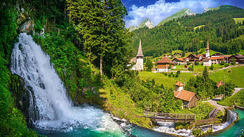 Jaunbach Waterfall, Switzerland, village, river, landscape, houses, church, alps, mountains HD wallpaper