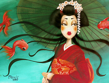 geisha with koi girl.jpg, geisha, fish, girl, koi, oriental HD wallpaper