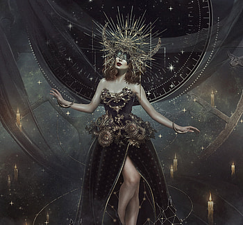 Constellation Goddess, fantasy, art, space, girl, goddess, golden, constellation, anna astrid, black, stars, gokden HD wallpaper