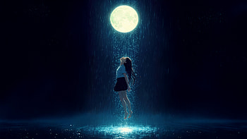 Weightless Girl In Moon Rain, moon, star, dark, girl, artist, art, digital-art, ai, artwork HD wallpaper