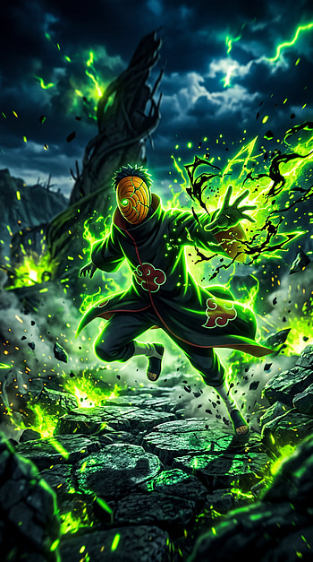 Obito: Emerald Lightning Masked Storm — Akatsuki Shadow: Obito, Obito Uchiha, Anime, Energy HD phone wallpaper