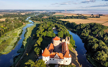 Bauska Castle in Latvia, Bauska, fields, Latvia, castle, panorama, rivers HD wallpaper