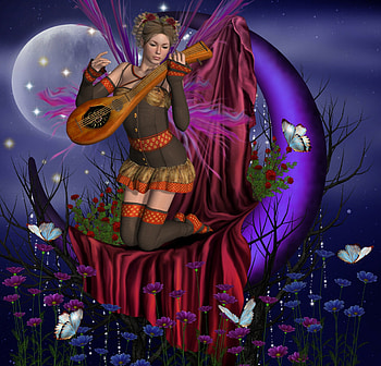 ✼.A M O R.✼, beloved valentines, plants, guitar, colors, amor, digital art, dress, butterflies, music, animals, bright, trees, lips, female, sweet, model, roses, eyes, dead trees, other, beautiful, drape, fantasy, pretty, crescent, love, cool, face, girls, flowers, lovely, hair HD wallpaper