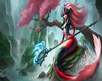 Mermaid At Waterfall, mermaid, red head, waterfall, water, rocks HD wallpaper