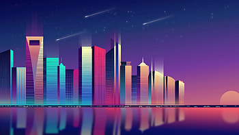 Warner Island Glowing City Horizon, city, buildings, sky, purple, colorful, artist, artwork, art, digital-art, ai, deviantart HD wallpaper