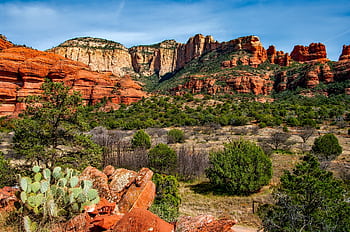 Breathtaking view of red rock formations and lush greenery in Sedona, Arizona. HD wallpaper