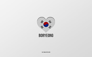 I Love Boryeong, South Korean cities, Day of Boryeong, gray background, Boryeong, South Korea, South Korean flag heart, favorite cities, Love Boryeong HD wallpaper