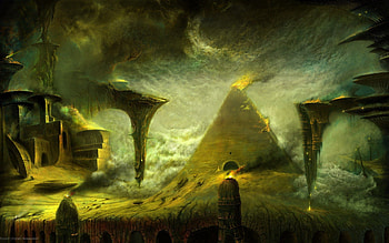 Fantasy, Fire, Rocks, Pyramid HD wallpaper