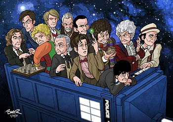 Whovian Cartoon: The Doctors Aboard the TARDIS — Quad, cartoon, painting, David Tennant, Matt Smith, TV Show, Doctor Who (2005) HD wallpaper