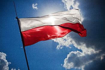 A Polish flag flutters against a bright blue sky with clouds, symbolizing national pride. HD wallpaper