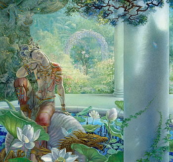 Mysterious garden, blue, frumusete, fantasy, garden, dragon, water, kinuko y craft, lotus HD wallpaper