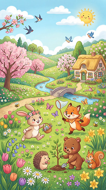 Blossom Buddies: Cute Spring , rabbit, fox, bear, meadow HD phone wallpaper