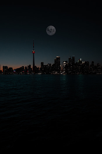 Water, Night, Moon, City, Building, Dark HD phone wallpaper