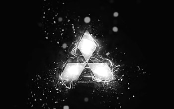 Mitsubishi white logo, , white neon lights, creative, black abstract background, Mitsubishi logo, cars brands, Mitsubishi HD wallpaper