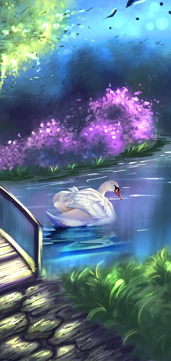 Swan, floral, waterfowl, flowers, forest, cottagecore, nature, bird, lake, trees HD phone wallpaper