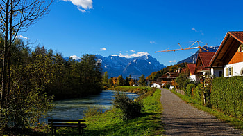 Oberau, Bavaria, village, river, trees, germany, sky, mountains, alps HD wallpaper