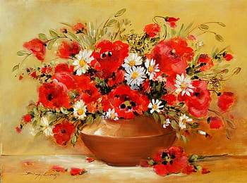 Still life, vase, beautiful, nice, daisies, poppies, delicate, pretty, red, flowers, lovely, harmony HD wallpaper