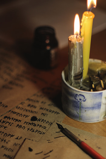 Feather, Miscellanea, Miscellaneous, Paper, Ink, Pen, Candle, Runes HD phone wallpaper