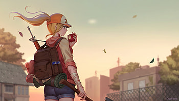 Girl Adventure Back Pack Eating Apple , artist, artwork, digital-art HD wallpaper