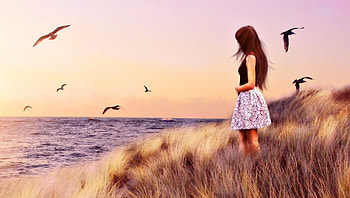 Girl and sea, sea, girl, grass, nature HD wallpaper