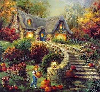 painted, horse cart, beauty, pumpkins, stairs, painting, autumn, flowers, cottage, child HD wallpaper