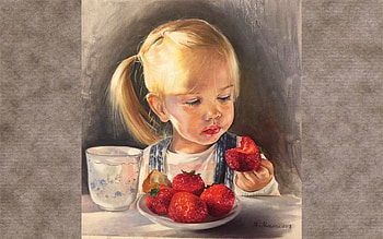 Girl Eating Strawberries, girl, cup, painting, strawberries HD wallpaper