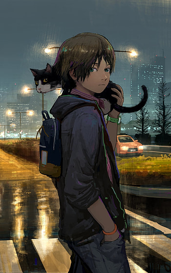 Midnight Stroll: Anime Boy and His Cat Under City Lights, cat, night, Anime, boy, anime boy, anime cat, anime night HD phone wallpaper