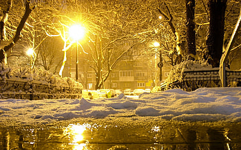Building, Snow, Winter, Light, , City, Night, Place, Reflection, Season, Town HD wallpaper