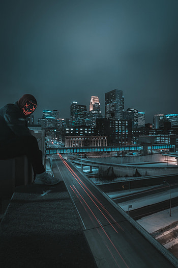 Night, City, Miscellanea, Miscellaneous, Mask, Human, Person, Roof HD phone wallpaper