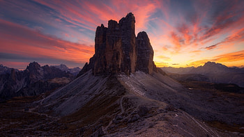 Tre Cime di Lavaredo, Dolomites, Italy, clouds, colors, sky, rocks, alps, sunset HD wallpaper
