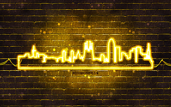 Barcelona yellow neon silhouette, , yellow neon lights, Barcelona skyline silhouette, yellow brickwall, spanish cities, neon skyline silhouettes, Spain, Barcelona silhouette, Barcelona HD wallpaper