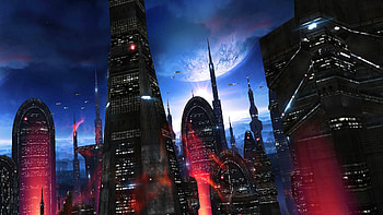 Space Colony turns your home screen into an alien cityscape with towering buildings, epic star-filled skies, and glowing starships flying past. HD wallpaper