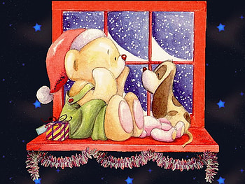 Christmas friends, dog, puppy christmas, holiday, bear, window HD wallpaper
