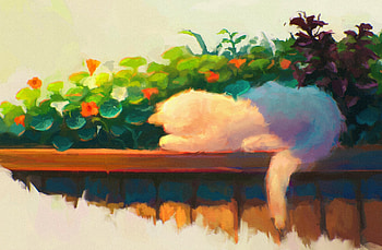 Cats Painting Art Fence by Sylar113, Cat, Fence, Flower, Light, Spring HD wallpaper