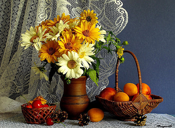 Food, Peaches, Still Life, Gerberas, Bouquet, Basket HD wallpaper