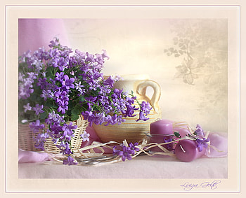 still life, bouquet, gentle, graphy, nice, basket, flower, candles, , beautiful, purple, jug, elegant, candle, cool, flowers, harmony HD wallpaper
