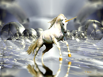 the golden horned unicorn, unicorn, abstract, fantasy, lake HD wallpaper