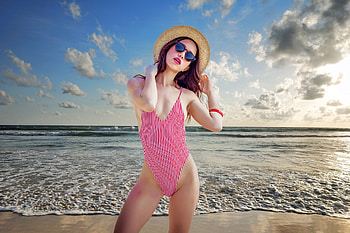 Swimsuit Model at the Beach, brunette, model, swimsuit, asian, sunglasses, hat, beach HD wallpaper
