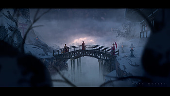 Bridge, japan, blue, night, marc mestre, fantasy, silhouette HD wallpaper