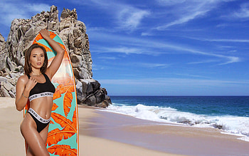 Bikini Surfer Model ~ Eve Sweet, bikini, model, surfboard, brunette, beach HD wallpaper