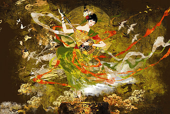Spring song, goddess, art, dancer, bird, girl, crane, singer, spring, niayu donhoang, ted, moon, fantasy, green, luna HD wallpaper