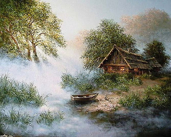 Mist, painting, art, house, tree HD wallpaper