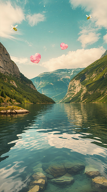 Fjord Serenity: A Tranquil , lake, mountain, nature, heart HD phone wallpaper